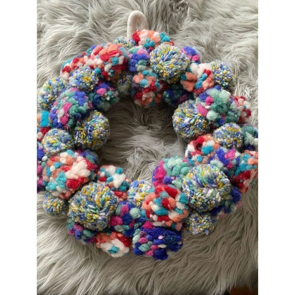 17" Anthropologie Merry Making Pompom Bonanza Wreath Multicolor Copper Tinsel